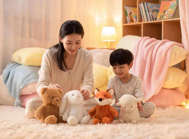 Parent and child arranging plush friends for story time