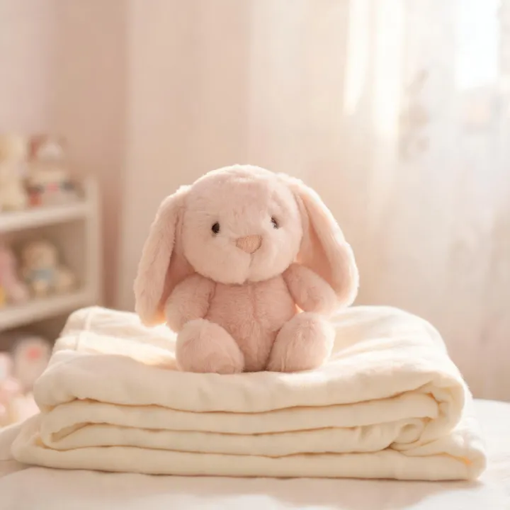 Pastel plush bunny on a baby blanket