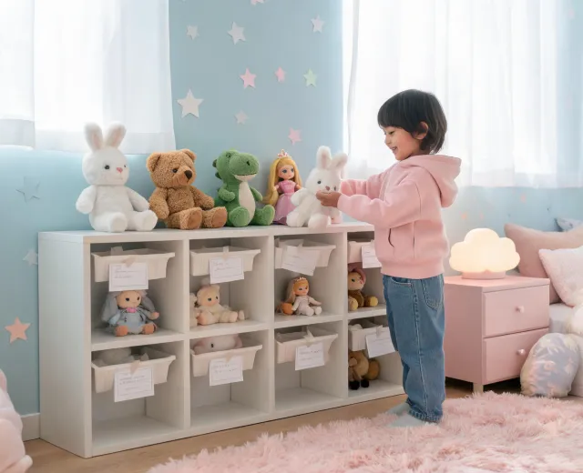 Child arranging Jellycat style plush shelf