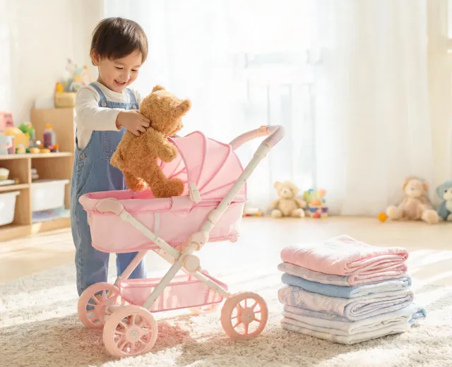 Toddler carrying plush friend in stroller
