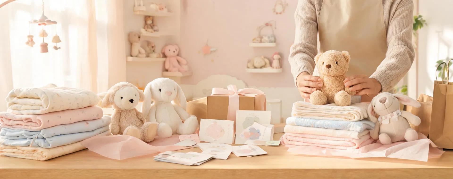 Jellycat gift service table with plush and nursery textiles